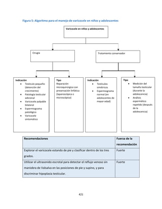 421
Figura 5: Algoritmo para el manejo de varicocele en niños y adolescentes
Recomendaciones Fuerza de la
recomendación
Explorar el varicocele estando de pie y clasificar dentro de los tres
grados.
Fuerte
Utilizar el ultrasonido escrotal para detectar el reflujo venoso sin
maniobra de Valsalva en las posiciones de pie y supino, y para
discriminar hipoplasia testicular.
Fuerte
Tratamiento conservador
Indicación
 Testículos
simétricos
 Espermiograma
normal (en
adolescentes de
mayor edad)
Tipo
 Medición del
tamaño testicular
(durante la
adolescencia)
 Análisis
espermático
repetido (después
de la
adolescencia)
Indicación
 Testículo pequeño
(detención del
crecimiento)
 Patología testicular
adicional
 Varicocele palpable
bilateral
 Espermiograma
patológico
 Varicocele
sintomático
Tipo
Reparación
microquirúrgica con
preservación linfática
(laparoscópica o
microscópica)
Cirugía
Varicocele en niños y adolescentes
 