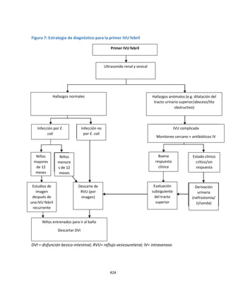 424
Figura 7: Estrategia de diagnóstico para la primer IVU febril
DVI = disfunción besico-intestinal; RVU= reflujo vesicoureteral; IV= intravenoso
Primer IVU febril
Ultrasonido renal y vesical
Hallazgos normales Hallazgos anómalos (e.g. dilatación del
tracto urinario superior/absceso/lito
obstructivo)
Niños entrenados para ir al baño
Descartar DVI
Estudios de
imagen
después de
una IVU febril
recurrente
Descarte de
RVU (por
imagen)
Evaluación
subsiguiente
del tracto
superior
Derivación
urinaria
(nefrostomía/
JJ/sonda)
IVU complicada
Monitoreo cercano + antibióticos IV
Infección por E.
coli
Infección no
por E. coli
Niños
mayores
de 12
meses
Niños
menore
s de 12
meses
Buena
respuesta
clínica
Estado clínico
crítico/sin
respuesta
 