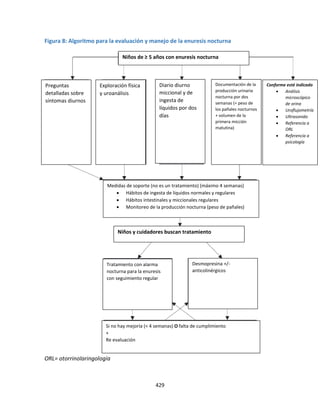 429
Figura 8: Algoritmo para la evaluación y manejo de la enuresis nocturna
ORL= otorrinolaringología
Documentación de la
producción urinaria
nocturna por dos
semanas (= peso de
los pañales nocturnos
+ volumen de la
primera micción
matutina)
Medidas de soporte (no es un tratamiento) (máximo 4 semanas)
 Hábitos de ingesta de líquidos normales y regulares
 Hábitos intestinales y miccionales regulares
 Monitoreo de la producción nocturna (peso de pañales)
Conforme esté indicado
 Análisis
microscópico
de orina
 Uroflujometría
 Ultrasonido
 Referencia a
ORL
 Referencia a
psicología
Tratamiento con alarma
nocturna para la enuresis
con seguimiento regular
Desmopresina +/-
anticolinérgicos
Si no hay mejoría (< 4 semanas) O falta de cumplimiento
+
Re evaluación
Diario diurno
miccional y de
ingesta de
líquidos por dos
días
Exploración física
y uroanálisis
Preguntas
detalladas sobre
síntomas diurnos
Niños y cuidadores buscan tratamiento
Niños de ≥ 5 años con enuresis nocturna
 
