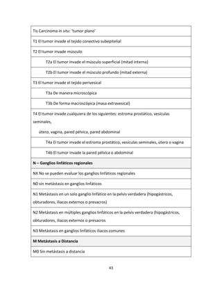 43
Tis Carcinoma in situ: ‘tumor plano’
T1 El tumor invade el tejido conectivo subepitelial
T2 El tumor invade músculo
T2a El tumor invade el músculo superficial (mitad interna)
T2b El tumor invade el músculo profundo (mitad externa)
T3 El tumor invade el tejido perivesical
T3a De manera microscópica
T3b De forma macroscópica (masa extravesical)
T4 El tumor invade cualquiera de los siguientes: estroma prostático, vesículas
seminales,
útero, vagina, pared pélvica, pared abdominal
T4a El tumor invade el estroma prostático, vesículas seminales, útero o vagina
T4b El tumor invade la pared pélvica o abdominal
N – Ganglios linfáticos regionales
NX No se pueden evaluar los ganglios linfáticos regionales
N0 sin metástasis en ganglios linfáticos
N1 Metástasis en un solo ganglio linfático en la pelvis verdadera (hipogástricos,
obturadores, iliacos externos o presacros)
N2 Metástasis en múltiples ganglios linfáticos en la pelvis verdadera (hipogástricos,
obturadores, iliacos externos o presacros
N3 Metástasis en ganglios linfáticos iliacos comunes
M Metástasis a Distancia
M0 Sin metástasis a distancia
 
