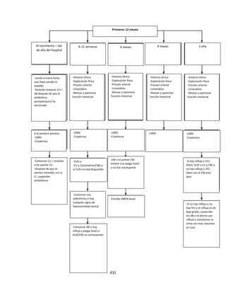 431
Primeros 12 meses
-Comenzar AB si hay
reflujo y vejiga hostil o
VUD/CM no concluyentes
-Comenzar CLI + enseñar
a los padres CLI
-Después de que se
sientan cómodos con la
CI, suspender
antibióticos
-Si no hay reflujo o no
hay IVU y el reflujo es de
bajo grado, suspender
los AB si se dieron por
reflujo y monitorear la
orina con tiras reactivas
en casa
A la primera semana:
-USRV
-Creatinina
-USRV
-Creatinina
-USRV
-Creatinina
-USRV -USRV
-Creatinina
-VUD o
-CU y Cistometría (CM) si
la CUD no está disponible
-CM si el primer CM
mostró una vejiga hostil
o no fue concluyente
-Si hay reflujo o IVU
febril, VUD o CU y CM si
no hay reflujo o IVU
febril con la CM está
bien
-Comenzar con
oxibutinina si hay
cualquier signo de
hiperactividad vesical
-Estudio DMSA basal
Al nacimiento – dar
de alta del hospital
6-12 semanas 6 meses 9 meses 1 año
-Historia clínica
-Exploración física
-Presión arterial
-Uroanálisis
-Revisar y optimizar
función intestinal
-Historia clínica
-Exploración física
-Presión arterial
-Uroanálisis
-Revisar y optimizar
función intestinal
-Historia clínica
-Exploración física
-Presión arterial
-Uroanálisis
-Revisar y optimizar
función intestinal
-Historia clínica
-Exploración física
-Presión arterial
-Uroanálisis
-Revisar y optimizar
función intestinal
-sonda urinaria hasta
que haya sanado la
espalda
-Después empezar CLI +
AB después de que el
antibiótico
perioperatorio ha
terminado
 