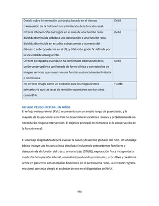 440
Decidir sobre intervención quirúrgica basado en el tiempo
transcurrido de la hidronefrosis y limitación de la función renal.
Débil
Ofrecer intervención quirúrgica en el caso de una función renal
dividida disminuida debido a una obstrucción o una función renal
dividida disminuida en estudios subsecuentes y aumento del
diámetro anteroposterior en el US, y dilatación grado IV definida por
la sociedad de urología fetal.
Débil
Ofrecer pieloplastía cuando se ha confirmado obstrucción de la
unión ureteropélvica confirmada de forma clínica o con estudios de
imagen seriados que muestren una función sustancialmente limitada
o disminuida.
Débil
No ofrecer cirugía como un estándar para los megauréteres
primarios ya que las tasas de remisión espontánea son tan altos
como 85%.
Fuerte
REFLUJO VESICOURETERAL EN NIÑOS
El reflujo vesicoureteral (RVU) se presenta con un amplio rango de gravedades, y la
mayoría de los pacientes con RVU no desarrollarán cicatrices renales y probablemente no
necesitarán ninguna intervención. El objetivo principal en el manejo es la conservación de
la función renal.
El abordaje diagnóstico deberá evaluar la salud y desarrollo globales del niño. Un abordaje
básico incluye una historia clínica detallada (incluyendo antecedentes familiares y
detección de disfunción del tracto urinario bajo [DTUB]), exploración física incluyendo la
medición de la presión arterial, uroanálisis (evaluando proteinuria), urocultivo y creatinina
sérica en pacientes con anomalías bilaterales en el parénquima renal. La cistouretrografía
miccional continúa siendo el estándar de oro en el diagnóstico del RVU.
 