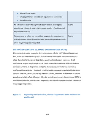 453
 Asignación de género
 Cirugía genital (de acuerdo con regulaciones nacionales)
 Gonadectomía
No subestimar los efectos significativos en la salud psicológica y
psiquiátrica, calidad de vida, relaciones personales y función sexual
en pacientes con TDS
Fuerte
Asegurar que se aclare por completo a los pacientes y cuidadores
que la presencia de un cromosoma Y en gónadas disgenéticas resulta
en un mayor riesgo de malignidad.
Fuerte
OBSTRUCCIÓN CONGÉNITA DEL TRACTO URINARIO INFERIOR (OCTUI)
El término obstrucción congénita del tracto urinario inferior (OCTUI) se utiliza para un
feto, quien durante el tamizaje por US muestra dilatación de las vías urinarias bajas y
altas. Durante el embarazo el diagnóstico usualmente se basa en exámenes de US
únicamente. Hay un amplio espectro de condiciones que causan dilatación intrauterina
del tracto urinario. El diagnóstico postparto abarca cualquier trastorno, anomalía y
malformación anatómica y funcional, y malformación que cause una dilatación tal como
válvulas uretrales, atresia, displasia y estenosis uretral, síndrome de abdomen en ciruela
pasa (prune belly), reflujo dilatador. Además, también pertenecen al espectro de OCTUI la
malformación cloacal, ureterocele y megavejiga-microcolon-hipoperistaltismo (SMMHI) o
megavejiga-megauréter.
Figura 14: Algoritmo para la evaluación, manejo y seguimiento de los neonatos con
posibles VUP
 