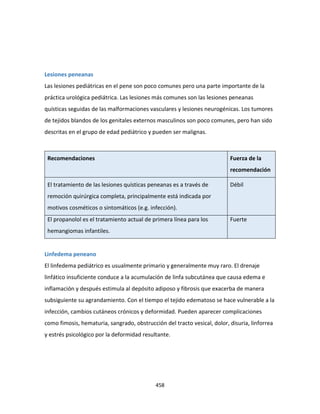 458
Lesiones peneanas
Las lesiones pediátricas en el pene son poco comunes pero una parte importante de la
práctica urológica pediátrica. Las lesiones más comunes son las lesiones peneanas
quísticas seguidas de las malformaciones vasculares y lesiones neurogénicas. Los tumores
de tejidos blandos de los genitales externos masculinos son poco comunes, pero han sido
descritas en el grupo de edad pediátrico y pueden ser malignas.
Recomendaciones Fuerza de la
recomendación
El tratamiento de las lesiones quísticas peneanas es a través de
remoción quirúrgica completa, principalmente está indicada por
motivos cosméticos o sintomáticos (e.g. infección).
Débil
El propanolol es el tratamiento actual de primera línea para los
hemangiomas infantiles.
Fuerte
Linfedema peneano
El linfedema pediátrico es usualmente primario y generalmente muy raro. El drenaje
linfático insuficiente conduce a la acumulación de linfa subcutánea que causa edema e
inflamación y después estimula al depósito adiposo y fibrosis que exacerba de manera
subsiguiente su agrandamiento. Con el tiempo el tejido edematoso se hace vulnerable a la
infección, cambios cutáneos crónicos y deformidad. Pueden aparecer complicaciones
como fimosis, hematuria, sangrado, obstrucción del tracto vesical, dolor, disuria, linforrea
y estrés psicológico por la deformidad resultante.
 