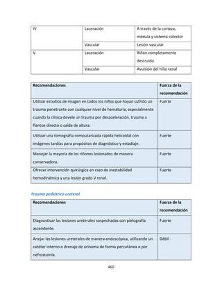 460
IV Laceración A través de la corteza,
médula y sistema colector
Vascular Lesión vascular
V Laceración Riñón completamente
destruido
Vascular Avulsión del hilio renal
Recomendaciones Fuerza de la
recomendación
Utilizar estudios de imagen en todos los niños que hayan sufrido un
trauma penetrante con cualquier nivel de hematuria, especialmente
cuando la clínica devele un trauma por desaceleración, trauma a
flancos directo o caída de altura.
Fuerte
Utilizar una tomografía computarizada rápida helicoidal con
imágenes tardías para propósitos de diagnóstico y estadiaje.
Fuerte
Manejar la mayoría de los riñones lesionados de manera
conservadora.
Fuerte
Ofrecer intervención quirúrgica en caso de inestabilidad
hemodinámica y una lesión grado V renal.
Fuerte
Trauma pediátrico ureteral
Recomendaciones Fuerza de la
recomendación
Diagnosticar las lesiones ureterales sospechadas con pielografía
ascendente.
Fuerte
Anejar las lesiones ureterales de manera endoscópica, utilizando un
catéter interno o drenaje de urinoma de forma percutánea o por
nefrostomía.
Débil
 
