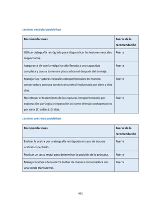 461
Lesiones vesicales pediátricas
Recomendaciones Fuerza de la
recomendación
Utilizar cistografía retrógrada para diagnosticar las lesiones vesicales
sospechadas.
Fuerte
Asegurarse de que la vejiga ha sido llenada a una capacidad
completa y que se tome una placa adicional después del drenaje.
Fuerte
Manejar las rupturas vesicales extraperitoneales de manera
conservadora con una sonda transuretral implantada por siete a diez
días.
Fuerte
No retrasar el tratamiento de las rupturas intraperitoneales por
exploración quirúrgica y reparación así como drenaje postoperatorio
por siete (7) a diez (10) días.
Fuerte
Lesiones uretrales pediátricas
Recomendaciones Fuerza de la
recomendación
Evaluar la uretra por uretrografía retrógrada en caso de trauma
uretral sospechado.
Fuerte
Realizar un tacto rectal para determinar la posición de la próstata. Fuerte
Manejar lesiones de la uretra bulbar de manera conservadora con
una sonda transuretral.
Fuerte
 