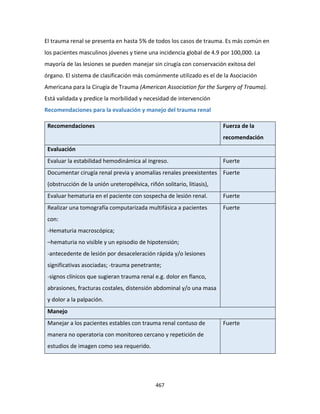 467
El trauma renal se presenta en hasta 5% de todos los casos de trauma. Es más común en
los pacientes masculinos jóvenes y tiene una incidencia global de 4.9 por 100,000. La
mayoría de las lesiones se pueden manejar sin cirugía con conservación exitosa del
órgano. El sistema de clasificación más comúnmente utilizado es el de la Asociación
Americana para la Cirugía de Trauma (American Association for the Surgery of Trauma).
Está validada y predice la morbilidad y necesidad de intervención
Recomendaciones para la evaluación y manejo del trauma renal
Recomendaciones Fuerza de la
recomendación
Evaluación
Evaluar la estabilidad hemodinámica al ingreso. Fuerte
Documentar cirugía renal previa y anomalías renales preexistentes
(obstrucción de la unión ureteropélvica, riñón solitario, litiasis),
Fuerte
Evaluar hematuria en el paciente con sospecha de lesión renal. Fuerte
Realizar una tomografía computarizada multifásica a pacientes
con:
-Hematuria macroscópica;
–hematuria no visible y un episodio de hipotensión;
-antecedente de lesión por desaceleración rápida y/o lesiones
significativas asociadas; -trauma penetrante;
-signos clínicos que sugieran trauma renal e.g. dolor en flanco,
abrasiones, fracturas costales, distensión abdominal y/o una masa
y dolor a la palpación.
Fuerte
Manejo
Manejar a los pacientes estables con trauma renal contuso de
manera no operatoria con monitoreo cercano y repetición de
estudios de imagen como sea requerido.
Fuerte
 