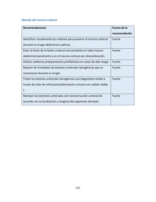 471
Manejo del trauma ureteral
Recomendaciones Fuerza de la
recomendación
Identificar visualmente los uréteres para prevenir el trauma ureteral
durante la cirugía abdominal y pélvica.
Fuerte
Estar al tanto de la lesión ureteral concomitante en todo trauma
abdominal penetrante y en el trauma contuso por desaceleración.
Fuerte
Utilizar catéteres preoperatorios profilácticos en casos de alto riesgo. Fuerte
Reparar de inmediato las lesiones ureterales iatrogénicas que se
reconozcan durante la cirugía.
Fuerte
Tratar las lesiones ureterales iatrogénicas con diagnóstico tardío a
través de tubo de nefrostomía/derivación urinaria con catéter doble
J.
Fuerte
Manejar las estenosis ureterales con reconstrucción ureteral de
acuerdo con la localización y longitud del segmento afectado.
Fuerte
 