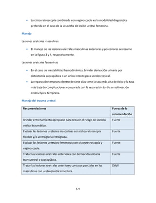 477
 La cistouretroscopía combinada con vaginoscopía es la modalidad diagnóstica
preferida en el caso de la sospecha de lesión uretral femenina.
Manejo
Lesiones uretrales masculinas
 El manejo de las lesiones uretrales masculinas anteriores y posteriores se resume
en la figura 3 y 4, respectivamente.
Lesiones uretrales femeninas
 En el caso de inestabilidad hemodinámica, brindar derivación urinaria por
cistostomía suprapúbica o un único intento para sondeo vesical.
 La reparación temprana dentro de siete días tiene la tasa más alta de éxito y la tasa
más baja de complicaciones comparada con la reparación tardía o realineación
endoscópica temprana.
Manejo del trauma uretral
Recomendaciones Fuerza de la
recomendación
Brindar entrenamiento apropiado para reducir el riesgo de sondeo
vesical traumático.
Fuerte
Evaluar las lesiones uretrales masculinas con cistouretroscopía
flexible y/o uretrografía retrógrada.
Fuerte
Evaluar las lesiones uretrales femeninas con cistouretroscopía y
vaginoscopía.
Fuerte
Tratar las lesiones uretrales anteriores con derivación urinaria
transuretral o suprapúbica.
Fuerte
Tratar las lesiones uretrales anteriores contusas parciales en los
masculinos con uretroplastía inmediata.
Débil
 