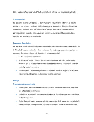 481
UGR= uretrografía retrógrada; UTIVD= uretrotomía interna por visualización directa
Trauma genital
De todas las lesiones urológicas, 33-66% involucran los genitales externos. El trauma
genital es mucho más común en los hombres que en las mujeres debido a diferencias
anatómicas, aumento en la frecuencia de accidentes vehiculares y aumento en la
participación en deportes físicos, guerra y crimen. La mayoría del trauma genital es
causado por lesiones contusas (80%)
Evaluación diagnóstica
Un resumen de los puntos clave para la fractura de pene y trauma testicular se brinda en
la Tabla 1. El trauma perineal o vulvar contuso en las mujeres puede estar asociado con
sangrado, dolor y problemas miccionales. En el trauma genital:
 Se deberá realizar uroanálisis.
 La hematuria visible requiere una uretrografía retrógrada para los hombres,
mientras que la cistoscopía flexible o rígida se recomienda para excluir la lesión
uretral y vesical en mujeres
 En las mujeres con lesiones genitales y sangre en el introito vaginal, se requiere
más investigación para la exclusión de lesiones vaginales
Manejo
Trauma peneano penetrante
 El manejo no operatorio se recomienda para las lesiones superficiales pequeñas
con la fascia de Buck intacta.
 Las lesiones más significativas requieren exploración quirúrgica y desbridamiento
del tejido necrótico.
 El abordaje quirúrgico depende del sitio y extensión de la lesión, pero una incisión
subcoronal con desenguantado peneano usualmente brinda buena exposición.
 
