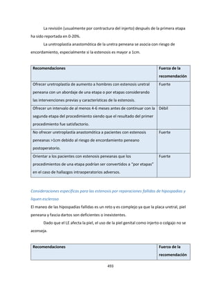 493
La revisión (usualmente por contractura del injerto) después de la primera etapa
ha sido reportada en 0-20%.
La uretroplastía anastomótica de la uretra peneana se asocia con riesgo de
encordamiento, especialmente si la estenosis es mayor a 1cm.
Recomendaciones Fuerza de la
recomendación
Ofrecer uretroplastía de aumento a hombres con estenosis uretral
peneana con un abordaje de una etapa o por etapas considerando
las intervenciones previas y características de la estenosis.
Fuerte
Ofrecer un intervalo de al menos 4-6 meses antes de continuar con la
segunda etapa del procedimiento siendo que el resultado del primer
procedimiento fue satisfactorio.
Débil
No ofrecer uretroplastía anastomótica a pacientes con estenosis
peneanas >1cm debido al riesgo de encordamiento peneano
postoperatorio.
Fuerte
Orientar a los pacientes con estenosis peneanas que los
procedimientos de una etapa podrían ser convertidos a “por etapas”
en el caso de hallazgos intraoperatorios adversos.
Fuerte
Consideraciones específicas para las estenosis por reparaciones fallidas de hipospadias y
liquen escleroso
El maneo de las hipospadias fallidas es un reto y es complejo ya que la placa uretral, piel
peneana y fascia dartos son deficientes o inexistentes.
Dado que el LE afecta la piel, el uso de la piel genital como injerto o colgajo no se
aconseja.
Recomendaciones Fuerza de la
recomendación
 