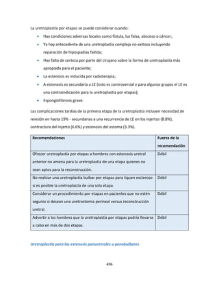 496
La uretroplastía por etapas se puede considerar cuando:
 Hay condiciones adversas locales como fístula, luz falsa, absceso o cáncer;
 Ya hay antecedente de una uretroplastía compleja no exitosa incluyendo
reparación de hipospadias fallida;
 Hay falta de certeza por parte del cirujano sobre la forma de uretroplastía más
apropiada para el paciente;
 La estenosis es inducida por radioterapia;
 A estenosis es secundaria a LE (esto es controversial y para algunos grupos el LE es
una contraindicación para la uretroplastía por etapas);
 Espongiofibrosis grave.
Las complicaciones tardías de la primera etapa de la uretroplastía incluyen necesidad de
revisión en hasta 19% - secundarias a una recurrencia de LE en los injertos (8.8%),
contractura del injerto (6.6%) y estenosis del estoma (3.3%).
Recomendaciones Fuerza de la
recomendación
Ofrecer uretroplastía por etapas a hombres con estenosis uretral
anterior no amena para la uretroplastía de una etapa quienes no
sean aptos para la reconstrucción.
Débil
No realizar una uretroplastía bulbar por etapas para liquen escleroso
si es posible la uretroplastía de una sola etapa.
Débil
Considerar un procedimiento por etapas en pacientes que no estén
seguros si desean una uretrostomía perineal versus reconstrucción
uretral.
Débil
Advertir a los hombres que la uretroplastía por etapas podría llevarse
a cabo en más de dos etapas.
Débil
Uretroplastía para las estenosis panuretrales o penobulbares
 