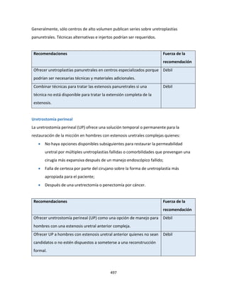 497
Generalmente, sólo centros de alto volumen publican series sobre uretroplastías
panuretrales. Técnicas alternativas e injertos podrían ser requeridos.
Recomendaciones Fuerza de la
recomendación
Ofrecer uretroplastías panuretrales en centros especializados porque
podrían ser necesarias técnicas y materiales adicionales.
Débil
Combinar técnicas para tratar las estenosis panuretrales si una
técnica no está disponible para tratar la extensión completa de la
estenosis.
Débil
Uretrostomía perineal
La uretrostomía perineal (UP) ofrece una solución temporal o permanente para la
restauración de la micción en hombres con estenosis uretrales complejas quienes:
 No haya opciones disponibles subsiguientes para restaurar la permeabilidad
uretral por múltiples uretroplastías fallidas o comorbilidades que prevengan una
cirugía más expansiva después de un manejo endoscópico fallido;
 Falla de certeza por parte del cirujano sobre la forma de uretroplastía más
apropiada para el paciente;
 Después de una uretrectomía o penectomía por cáncer.
Recomendaciones Fuerza de la
recomendación
Ofrecer uretrostomía perineal (UP) como una opción de manejo para
hombres con una estenosis uretral anterior compleja.
Débil
Ofrecer UP a hombres con estenosis uretral anterior quienes no sean
candidatos o no estén dispuestos a someterse a una reconstrucción
formal.
Débil
 