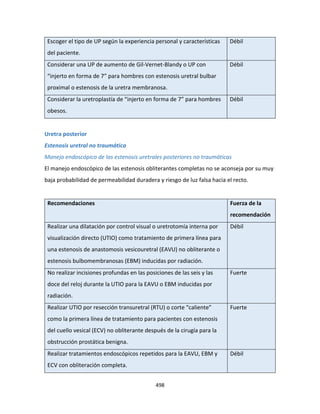 498
Escoger el tipo de UP según la experiencia personal y características
del paciente.
Débil
Considerar una UP de aumento de Gil-Vernet-Blandy o UP con
“injerto en forma de 7” para hombres con estenosis uretral bulbar
proximal o estenosis de la uretra membranosa.
Débil
Considerar la uretroplastía de “injerto en forma de 7” para hombres
obesos.
Débil
Uretra posterior
Estenosis uretral no traumática
Manejo endoscópico de las estenosis uretrales posteriores no traumáticas
El manejo endoscópico de las estenosis obliterantes completas no se aconseja por su muy
baja probabilidad de permeabilidad duradera y riesgo de luz falsa hacia el recto.
Recomendaciones Fuerza de la
recomendación
Realizar una dilatación por control visual o uretrotomía interna por
visualización directo (UTIO) como tratamiento de primera línea para
una estenosis de anastomosis vesicouretral (EAVU) no obliterante o
estenosis bulbomembranosas (EBM) inducidas por radiación.
Débil
No realizar incisiones profundas en las posiciones de las seis y las
doce del reloj durante la UTIO para la EAVU o EBM inducidas por
radiación.
Fuerte
Realizar UTIO por resección transuretral (RTU) o corte “caliente”
como la primera línea de tratamiento para pacientes con estenosis
del cuello vesical (ECV) no obliterante después de la cirugía para la
obstrucción prostática benigna.
Fuerte
Realizar tratamientos endoscópicos repetidos para la EAVU, EBM y
ECV con obliteración completa.
Débil
 