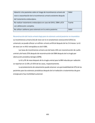 499
Advertir a los pacientes sobre el riesgo de incontinencia urinaria de
novo o exacerbación de la incontinencia urinaria existente después
del tratamiento endoscópico.
Débil
No realizar tratamiento endoscópico en caso de EAVU, EBM y ECV
con obliteración completa.
Fuerte
No utilizar catéteres para estenosis en la uretra posterior. Débil
Reconstrucción del tracto urinario bajo para la estenosis uretral posterior no traumática
La incontinencia urinaria (IU) de novo con la re-anastomosis vesicouretral (AVU) es
universal y se puede ofrecer un esfínter urinario artificial después de los 3-6 meses. La IU
de novo con re-AVU retropúbica es de 0-58%.
Las tasas de incontinencia urinaria son de hasta 14% con reconstrucción de cuello
uretral y de hasta 25% después de reconstrucción de EBM después de la cirugía por
obstrucción prostática benigna (OPB).
La IU y DE de novo después de la cirugía uretral para la BM inducida por radiación
se reportan en 11-0% y 0-35% de los casos, respectivamente.
La prostatectomía de salvamiento puede alcanzar una permeabilidad de 67% de los
pacientes para las estenosis prostáticas después de la irradiación o tratamientos de gran
energía pero hay morbilidad sustancial.
 