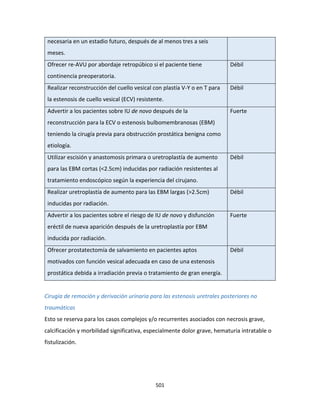 501
necesaria en un estadio futuro, después de al menos tres a seis
meses.
Ofrecer re-AVU por abordaje retropúbico si el paciente tiene
continencia preoperatoria.
Débil
Realizar reconstrucción del cuello vesical con plastía V-Y o en T para
la estenosis de cuello vesical (ECV) resistente.
Débil
Advertir a los pacientes sobre IU de novo después de la
reconstrucción para la ECV o estenosis bulbomembranosas (EBM)
teniendo la cirugía previa para obstrucción prostática benigna como
etiología.
Fuerte
Utilizar escisión y anastomosis primara o uretroplastía de aumento
para las EBM cortas (<2.5cm) inducidas por radiación resistentes al
tratamiento endoscópico según la experiencia del cirujano.
Débil
Realizar uretroplastía de aumento para las EBM largas (>2.5cm)
inducidas por radiación.
Débil
Advertir a los pacientes sobre el riesgo de IU de novo y disfunción
eréctil de nueva aparición después de la uretroplastía por EBM
inducida por radiación.
Fuerte
Ofrecer prostatectomía de salvamiento en pacientes aptos
motivados con función vesical adecuada en caso de una estenosis
prostática debida a irradiación previa o tratamiento de gran energía.
Débil
Cirugía de remoción y derivación urinaria para las estenosis uretrales posteriores no
traumáticas
Esto se reserva para los casos complejos y/o recurrentes asociados con necrosis grave,
calcificación y morbilidad significativa, especialmente dolor grave, hematuria intratable o
fistulización.
 
