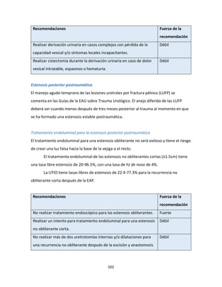 502
Recomendaciones Fuerza de la
recomendación
Realizar derivación urinaria en casos complejos con pérdida de la
capacidad vesical y/o síntomas locales incapacitantes.
Débil
Realizar cistectomía durante la derivación urinaria en caso de dolor
vesical intratable, espasmos o hematuria.
Débil
Estenosis posterior postraumática
El manejo agudo temprano de las lesiones uretrales por fractura pélvica (LUFP) se
comenta en las Guías de la EAU sobre Trauma Urológico. El anejo diferido de las LUFP
deberá ser cuando menos después de tres meses posterior al trauma al momento en que
se ha formado una estenosis estable postraumática.
Tratamiento endoluminal para la estenosis posterior postraumática
El tratamiento endoluminal para una estenosis obliterante no será exitoso y tiene el riesgo
de crear una luz falsa hacia la base de la vejiga o el recto.
El tratamiento endoluminal de las estenosis no obliterantes cortas (≤1.5cm) tiene
una tasa libre estenosis de 20-96.5%, con una tasa de IU de novo de 4%.
La UTIO tiene tasas libres de estenosis de 22.9-77.3% para la recurrencia no
obliterante corta después de la EAP.
Recomendaciones Fuerza de la
recomendación
No realizar tratamiento endoscópico para las estenosis obliterantes. Fuerte
Realizar un intento para tratamiento endoluminal para una estenosis
no obliterante corta.
Débil
No realizar más de dos uretrotomías internas y/o dilataciones para
una recurrencia no obliterante después de la escisión y anastomosis
Débil
 