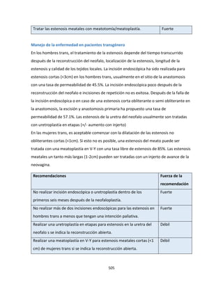 505
Tratar las estenosis meatales con meatotomía/meatoplastía. Fuerte
Manejo de la enfermedad en pacientes transgénero
En los hombres trans, el tratamiento de la estenosis depende del tiempo transcurrido
después de la reconstrucción del neofalo, localización de la estenosis, longitud de la
estenosis y calidad de los tejidos locales. La incisión endoscópica ha sido realizada para
estenosis cortas (<3cm) en los hombres trans, usualmente en el sitio de la anastomosis
con una tasa de permeabilidad de 45.5%. La incisión endoscópica poco después de la
reconstrucción del neofalo e incisiones de repetición no es exitosa. Después de la falla de
la incisión endoscópica o en caso de una estenosis corta obliterante o semi obliterante en
la anastomosis, la escisión y anastomosis primaria ha propuesto una tasa de
permeabilidad de 57.1%. Las estenosis de la uretra del neofalo usualmente son tratadas
con uretroplastía en etapas (+/- aumento con injerto)
En las mujeres trans, es aceptable comenzar con la dilatación de las estenosis no
obliterantes cortas (<1cm). Si esto no es posible, una estenosis del meato puede ser
tratada con una meatoplastía en V-Y con una tasa libre de estenosis de 85%. Las estenosis
meatales un tanto más largas (1-2cm) pueden ser tratadas con un injerto de avance de la
neovagina.
Recomendaciones Fuerza de la
recomendación
No realizar incisión endoscópica o uretroplastía dentro de los
primeros seis meses después de la neofaloplastía.
Fuerte
No realizar más de dos incisiones endoscópicas para las estenosis en
hombres trans a menos que tengan una intención paliativa.
Fuerte
Realizar una uretroplastía en etapas para estenosis en la uretra del
neofalo s se indica la reconstrucción abierta.
Débil
Realizar una meatoplastía en V-Y para estenosis meatales cortas (<1
cm) de mujeres trans si se indica la reconstrucción abierta.
Débil
 