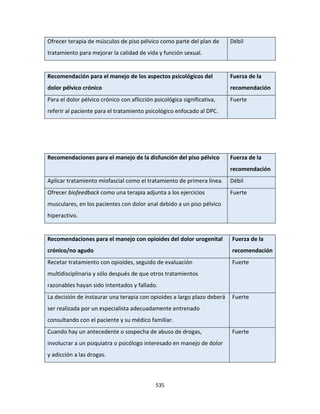 535
Ofrecer terapia de músculos de piso pélvico como parte del plan de
tratamiento para mejorar la calidad de vida y función sexual.
Débil
Recomendación para el manejo de los aspectos psicológicos del
dolor pélvico crónico
Fuerza de la
recomendación
Para el dolor pélvico crónico con aflicción psicológica significativa,
referir al paciente para el tratamiento psicológico enfocado al DPC.
Fuerte
Recomendaciones para el manejo de la disfunción del piso pélvico Fuerza de la
recomendación
Aplicar tratamiento miofascial como el tratamiento de primera línea. Débil
Ofrecer biofeedback como una terapia adjunta a los ejercicios
musculares, en los pacientes con dolor anal debido a un piso pélvico
hiperactivo.
Fuerte
Recomendaciones para el manejo con opioides del dolor urogenital
crónico/no agudo
Fuerza de la
recomendación
Recetar tratamiento con opioides, seguido de evaluación
multidisciplinaria y sólo después de que otros tratamientos
razonables hayan sido intentados y fallado.
Fuerte
La decisión de instaurar una terapia con opioides a largo plazo deberá
ser realizada por un especialista adecuadamente entrenado
consultando con el paciente y su médico familiar.
Fuerte
Cuando hay un antecedente o sospecha de abuso de drogas,
involucrar a un psiquiatra o psicólogo interesado en manejo de dolor
y adicción a las drogas.
Fuerte
 