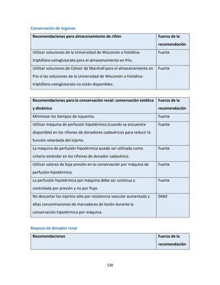 538
Conservación de órganos
Recomendaciones para almacenamiento de riñón Fuerza de la
recomendación
Utilizar soluciones de la Universidad de Wisconsin o histidina-
triptófano-cetoglutarato para el almacenamiento en frío.
Fuerte
Utilizar soluciones de Celsior de Marshall para el almacenamiento en
frío si las soluciones de la Universidad de Wisconsin o histidina-
triptófano-cetoglutarato no están disponibles.
Fuerte
Recomendaciones para la conservación renal: conservación estática
y dinámica
Fuerza de la
recomendación
Minimizar los tiempos de isquemia. Fuerte
Utilizar máquina de perfusión hipotérmica (cuando se encuentre
disponible) en los riñones de donadores cadavéricos para reducir la
función retardada del injerto.
Fuerte
La máquina de perfusión hipotérmica puede ser utilizada como
criterio estándar en los riñones de donador cadavérico.
Fuerte
Utilizar valores de baja presión en la conservación por máquina de
perfusión hipotérmica.
Fuerte
La perfusión hipotérmica por máquina debe ser continua y
controlada por presión y no por flujo.
Fuerte
No descartar los injertos sólo por resistencia vascular aumentada y
altas concentraciones de marcadores de lesión durante la
conservación hipotérmica por máquina.
Débil
Biopsias de donador renal
Recomendaciones Fuerza de la
recomendación
 
