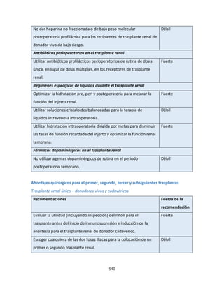 540
No dar heparina no fraccionada o de bajo peso molecular
postoperatoria profiláctica para los recipientes de trasplante renal de
donador vivo de bajo riesgo.
Débil
Antibióticos perioperatorios en el trasplante renal
Utilizar antibióticos profilácticos perioperatorios de rutina de dosis
única, en lugar de dosis múltiples, en los receptores de trasplante
renal.
Fuerte
Regímenes específicos de líquidos durante el trasplante renal
Optimizar la hidratación pre, peri y postoperatoria para mejorar la
función del injerto renal.
Fuerte
Utilizar soluciones cristaloides balanceadas para la terapia de
líquidos intravenosa intraoperatoria.
Débil
Utilizar hidratación intraoperatoria dirigida por metas para disminuir
las tasas de función retardada del injerto y optimizar la función renal
temprana.
Fuerte
Fármacos dopaminérgicos en el trasplante renal
No utilizar agentes dopaminérgicos de rutina en el periodo
postoperatorio temprano.
Débil
Abordajes quirúrgicos para el primer, segundo, tercer y subsiguientes trasplantes
Trasplante renal único – donadores vivos y cadavéricos
Recomendaciones Fuerza de la
recomendación
Evaluar la utilidad (incluyendo inspección) del riñón para el
trasplante antes del inicio de inmunosupresión e inducción de la
anestesia para el trasplante renal de donador cadavérico.
Fuerte
Escoger cualquiera de las dos fosas iliacas para la colocación de un
primer o segundo trasplante renal.
Débil
 