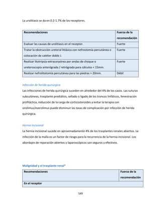 549
La urolitiasis se da en 0.2-1.7% de los receptores.
Recomendaciones Fuerza de la
recomendación
Evaluar las causas de urolitiasis en el receptor. Fuerte
Tratar la obstrucción ureteral litiásica con nefrostomía percutánea o
colocación de catéter doble J.
Fuerte
Realizar litotripsia extracorpórea por ondas de choque o
ureteroscopía anterógrada / retrógrada para cálculos < 15mm.
Fuerte
Realizar nefrolitotomía percutánea para las piedras > 20mm. Débil
Infección de herida quirúrgica
Las infecciones de herida quirúrgica suceden en alrededor del 4% de los casos. Las suturas
subcutáneas, trasplante prediálisis, sellado o ligado de los troncos linfáticos, fenestración
profiláctica, reducción de la carga de corticosteroides y evitar la terapia con
sirolimus/everolimus puede disminuir las tasas de complicación por infección de herida
quirúrgica.
Hernia incisional
La hernia incisional sucede en aproximadamente 4% de los trasplantes renales abiertos. La
infección de la malla es un factor de riesgo para la recurrencia de la hernia incisional. Los
abordajes de reparación abiertos y laparoscópicos son seguros y efectivos.
Malignidad y el trasplante renal*
Recomendaciones Fuerza de la
recomendación
En el receptor
 