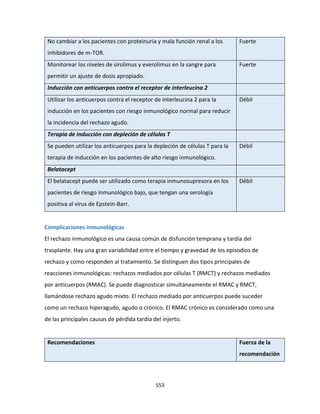 553
No cambiar a los pacientes con proteinuria y mala función renal a los
inhibidores de m-TOR.
Fuerte
Monitorear los niveles de sirolimus y everolimus en la sangre para
permitir un ajuste de dosis apropiado.
Fuerte
Inducción con anticuerpos contra el receptor de interleucina 2
Utilizar los anticuerpos contra el receptor de interleucina 2 para la
inducción en los pacientes con riesgo inmunológico normal para reducir
la incidencia del rechazo agudo.
Débil
Terapia de inducción con depleción de células T
Se pueden utilizar los anticuerpos para la depleción de células T para la
terapia de inducción en los pacientes de alto riesgo inmunológico.
Débil
Belatacept
El belatacept puede ser utilizado como terapia inmunosupresora en los
pacientes de riesgo inmunológico bajo, que tengan una serología
positiva al virus de Epstein-Barr.
Débil
Complicaciones inmunológicas
El rechazo inmunológico es una causa común de disfunción temprana y tardía del
trasplante. Hay una gran variabilidad entre el tiempo y gravedad de los episodios de
rechazo y como responden al tratamiento. Se distinguen dos tipos principales de
reacciones inmunológicas: rechazos mediados por células T (RMCT) y rechazos mediados
por anticuerpos (RMAC). Se puede diagnosticar simultáneamente el RMAC y RMCT,
llamándose rechazo agudo mixto. El rechazo mediado por anticuerpos puede suceder
como un rechazo hiperagudo, agudo o crónico. El RMAC crónico es considerado como una
de las principales causas de pérdida tardía del injerto.
Recomendaciones Fuerza de la
recomendación
 