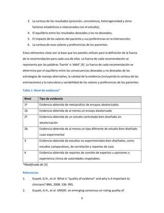 6
3. La certeza de los resultados (precisión, consistencia, heterogeneidad y otros
factores estadísticos o relacionados con el estudio);
4. El equilibrio entre los resultados deseados y los no deseados;
5. El impacto de los valores del paciente y sus preferencias en la intervención;
6. La certeza de esos valores y preferencias de los pacientes.
Estos elementos clave son la base que los paneles utilizan para la definición de la fuerza
de la recomendación para cada una de ellas. La fuerza de cada recomendación se
representa por las palabras ‘fuerte’ o ‘débil’ [4]. La fuerza de cada recomendación se
determina por el equilibrio entre las consecuencias deseadas y no deseadas de las
estrategias de manejo alternativo, la calidad de la evidencia (incluyendo la certeza de las
estimaciones) y la naturaleza y variabilidad de los valores y preferencias de los pacientes.
Tabla 1: Nivel de evidencia*
Nivel Tipo de evidencia
1ª Evidencia obtenida de metaanálisis de ensayos aleatorizados
1b Evidencia obtenida de al menos un ensayo aleatorizado
2ª Evidencia obtenida de un estudio controlado bien diseñado sin
aleatorización
2b Evidencia obtenida de al menos un tipo diferente de estudio bien diseñado
cuasi-experimental
3 Evidencia obtenida de estudios no experimentales bien diseñados, como
estudios comparativos, de correlación y reportes de caso
4 Evidencia obtenida de reportes de comités de expertos u opiniones o
experiencia clínica de autoridades respetables.
*Modificada de [3]
Referencias
1. Guyatt, G.H., et al. What is “quality of evidence” and why is it important to
clinicians? BMJ, 2008. 336: 995.
2. Guyatt, G.H., et al. GRADE: an emerging consensus on rating quality of
 