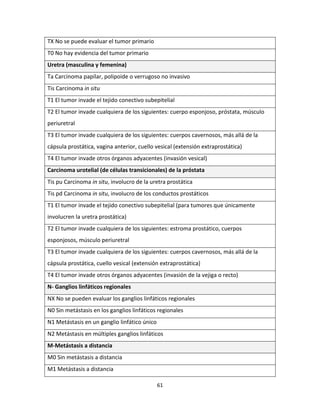 61
TX No se puede evaluar el tumor primario
T0 No hay evidencia del tumor primario
Uretra (masculina y femenina)
Ta Carcinoma papilar, polipoide o verrugoso no invasivo
Tis Carcinoma in situ
T1 El tumor invade el tejido conectivo subepitelial
T2 El tumor invade cualquiera de los siguientes: cuerpo esponjoso, próstata, músculo
periuretral
T3 El tumor invade cualquiera de los siguientes: cuerpos cavernosos, más allá de la
cápsula prostática, vagina anterior, cuello vesical (extensión extraprostática)
T4 El tumor invade otros órganos adyacentes (invasión vesical)
Carcinoma urotelial (de células transicionales) de la próstata
Tis pu Carcinoma in situ, involucro de la uretra prostática
Tis pd Carcinoma in situ, involucro de los conductos prostáticos
T1 El tumor invade el tejido conectivo subepitelial (para tumores que únicamente
involucren la uretra prostática)
T2 El tumor invade cualquiera de los siguientes: estroma prostático, cuerpos
esponjosos, músculo periuretral
T3 El tumor invade cualquiera de los siguientes: cuerpos cavernosos, más allá de la
cápsula prostática, cuello vesical (extensión extraprostática)
T4 El tumor invade otros órganos adyacentes (invasión de la vejiga o recto)
N- Ganglios linfáticos regionales
NX No se pueden evaluar los ganglios linfáticos regionales
N0 Sin metástasis en los ganglios linfáticos regionales
N1 Metástasis en un ganglio linfático único
N2 Metástasis en múltiples ganglios linfáticos
M-Metástasis a distancia
M0 Sin metástasis a distancia
M1 Metástasis a distancia
 