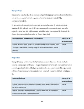 63
Histopatología
El carcinoma urotelial (CU) de la uretra es el tipo histológico predominante en los hombres
con carcinoma uretral primario seguido del carcinoma epidermoide (SCC) y
adenocarcinoma (AC).
En las mujeres, los estudios recientes reportan más altas tasas de adenocarcinoma,
seguidas de SCC más allá que CU. El manejo de especímenes deberá seguir las reglas
generales como han sido publicadas por la Colaboración Internacional de Reportaje de
Cáncer (International Collaboration on Cancer Reporting).
Recomendación para estadiaje y graduación Fuerza de la
recomendación
Utilizar la clasificación TNM 2017 y sistemas de graduación de la OMS
2022 para el estadiaje patológico y graduación del carcinoma uretral
primario.
Fuerte
Diagnóstico
El diagnóstico del carcinoma uretral primario se basa en el examen clínico, citología
urinaria, uretroscopía con biopsia e imagenología transversal para la evaluación del tumor
primario, ganglios linfáticos (GLs) y órganos distantes. Los pacientes con GLs inguinales o
pélvicos clínicamente aumentados de tamaño a menudo revelan metástasis patológicas a
GL.
Recomendaciones Fuerza de la
recomendación
Utilizar uretroscopía con biopsia y citología urinaria para diagnosticar
el carcinoma uretral.
Fuerte
Evaluar la presencia de metástasis a distancia a través de tomografía
computada del tórax y abdomen/pelvis.
Fuerte
 