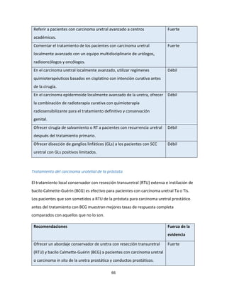 66
Referir a pacientes con carcinoma uretral avanzado a centros
académicos.
Fuerte
Comentar el tratamiento de los pacientes con carcinoma uretral
localmente avanzado con un equipo multidisciplinario de urólogos,
radiooncólogos y oncólogos.
Fuerte
En el carcinoma uretral localmente avanzado, utilizar regímenes
quimioterapéuticos basados en cisplatino con intención curativa antes
de la cirugía.
Débil
En el carcinoma epidermoide localmente avanzado de la uretra, ofrecer
la combinación de radioterapia curativa con quimioterapia
radiosensibilizante para el tratamiento definitivo y conservación
genital.
Débil
Ofrecer cirugía de salvamiento o RT a pacientes con recurrencia uretral
después del tratamiento primario.
Débil
Ofrecer disección de ganglios linfáticos (GLs) a los pacientes con SCC
uretral con GLs positivos limitados.
Débil
Tratamiento del carcinoma urotelial de la próstata
El tratamiento local conservador con resección transuretral (RTU) extensa e instilación de
bacilo Calmette-Guérin (BCG) es efectivo para pacientes con carcinoma uretral Ta o Tis.
Los pacientes que son sometidos a RTU de la próstata para carcinoma uretral prostático
antes del tratamiento con BCG muestran mejores tasas de respuesta completa
comparados con aquellos que no lo son.
Recomendaciones Fuerza de la
evidencia
Ofrecer un abordaje conservador de uretra con resección transuretral
(RTU) y bacilo Calmette-Guérin (BCG) a pacientes con carcinoma uretral
o carcinoma in situ de la uretra prostática y conductos prostáticos.
Fuerte
 