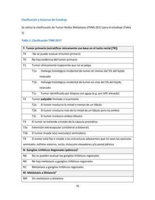 70
Clasificación y Sistemas de Estadiaje
Se utiliza la clasificación de Tumor Nodos Metástasis (TNM) 2017 para el estadiaje (Tabla
1)
Tabla 1: Clasificación TNM 2017
T- Tumor primario (estratificar únicamente con base en el tacto rectal [TR])
TX No se puede evaluar el tumor primario
T0 No hay evidencia del tumor primario
T1 Tumor clínicamente inaparente que no se palpa
T1a Hallazgo histológico incidental de tumor en menos del 5% del tejido
resecado
T1b Hallazgo histológico incidental de tumor en más del 5% del tejido
resecado
T1c Tumor identificado por biopsia con aguja (e.g. por APE elevado)
T2 Tumor palpable limitado a la próstata
T2a El tumor involucra la mitad o menos de un lóbulo
T2b El tumor involucra más de la mitad de un lóbulo pero no ambos
T2c El tumor involucra ambos lóbulos
T3 El tumor se extiende a través de la cápsula prostática
T3a Extensión extracapsular (unilateral o bilateral)
T3b El tumor invade la(s) vesícula(s) seminal(es)
T4 El tumor está fijo o invade a las estructuras adyacentes que no sean las vesículas
seminales: esfínter externo, recto, músculos elevadores y/o pared pélvica.
N- Ganglios Linfáticos Regionales (pélvicos)1
NX No se pueden evaluar los ganglios linfáticos regionales
N0 No hay metástasis a ganglios linfáticos regionales
N1 Metástasis a ganglios linfáticos regionales
M- Metástasis a Distancia2
M0 Sin metástasis a distancia
 