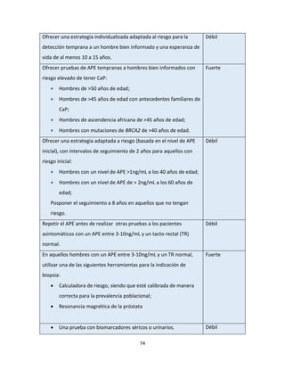 74
Ofrecer una estrategia individualizada adaptada al riesgo para la
detección temprana a un hombre bien informado y una esperanza de
vida de al menos 10 a 15 años.
Débil
Ofrecer pruebas de APE tempranas a hombres bien informados con
riesgo elevado de tener CaP:
 Hombres de >50 años de edad;
 Hombres de >45 años de edad con antecedentes familiares de
CaP;
 Hombres de ascendencia africana de >45 años de edad;
 Hombres con mutaciones de BRCA2 de >40 años de edad.
Fuerte
Ofrecer una estrategia adaptada a riesgo (basada en el nivel de APE
inicial), con intervalos de seguimiento de 2 años para aquellos con
riesgo inicial:
 Hombres con un nivel de APE >1ng/mL a los 40 años de edad;
 Hombres con un nivel de APE de > 2ng/mL a los 60 años de
edad;
Posponer el seguimiento a 8 años en aquellos que no tengan
riesgo.
Débil
Repetir el APE antes de realizar otras pruebas a los pacientes
asintomáticos con un APE entre 3-10ng/mL y un tacto rectal (TR)
normal.
Débil
En aquellos hombres con un APE entre 3-10ng/mL y un TR normal,
utilizar una de las siguientes herramientas para la indicación de
biopsia:
 Calculadora de riesgo, siendo que esté calibrada de manera
correcta para la prevalencia poblacional;
 Resonancia magnética de la próstata
Fuerte
 Una prueba con biomarcadores séricos o urinarios. Débil
 
