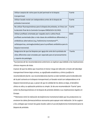 77
Utilizar asepsia de rutina para la piel perineal en la biopsia
transperineal.
Fuerte
Utilizar lavado rectal con iodopovidona antes de la biopsia de
próstata transrectal.
Fuerte
No utilizar fluoroquinolonas para la biopsia de próstata, en línea con
la decisión final de la Comisión Europea EMEA/H/A-31/1452.
Fuerte
Utilizar profilaxis orientada por raspado anal o cultivo fecal;
profilaxis aumentada (dos o más clases de antibióticos diferentes); o
antibióticos alternativos (e.g. fosfomicina trometamol**,
cefalosporinas, aminoglucósidos) para la profilaxis antibiótica para la
biopsia transrectal.
Débil
Asegurarse de que las biopsias por aguja de corte de la próstata de
sitios diferentes sean enviadas por separado para el procesamiento
y reporte de patología.
Fuerte
*Las fuerzas de las recomendaciones anteriores se explican aquí debido a las implicaciones
clínicas mayores de éstas.
A pesar de que los datos que muestran el menor riesgo de infección a través del abordaje
transperineal tienen baja certeza, su significado estadístico y clínico justifica la
recomendación fuerte. Las recomendaciones fuertes se dan también para la desinfección
de la piel rutinaria en la biopsia transperineal y el lavado rectal con iodopovidona en la
biopsia transrectal ya que, a pesar de que la calidad de los datos es baja, el beneficio
clínico es alto y su aplicación práctica es simple. Se da una recomendación ‘Fuerte’ para
evitar las fluoroquinolonas en la biopsia de próstata debido a sus implicaciones legales en
Europa.
**Alemania retiró la indicación de fosfomicina trometamol dado que los productores no
enviaron los datos farmacocinéticos necesarios para apoyar esta indicación. Se les sugiere
a los urólogos que revisen las guías locales sobre el uso de fosfomicina trometamol para la
biopsia de próstata.
 