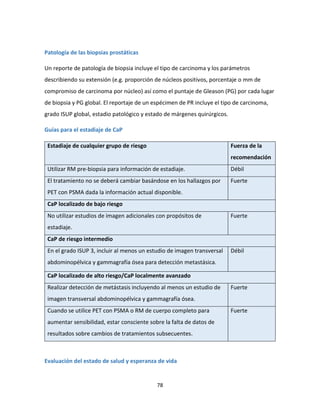 78
Patología de las biopsias prostáticas
Un reporte de patología de biopsia incluye el tipo de carcinoma y los parámetros
describiendo su extensión (e.g. proporción de núcleos positivos, porcentaje o mm de
compromiso de carcinoma por núcleo) así como el puntaje de Gleason (PG) por cada lugar
de biopsia y PG global. El reportaje de un espécimen de PR incluye el tipo de carcinoma,
grado ISUP global, estadio patológico y estado de márgenes quirúrgicos.
Guías para el estadiaje de CaP
Estadiaje de cualquier grupo de riesgo Fuerza de la
recomendación
Utilizar RM pre-biopsia para información de estadiaje. Débil
El tratamiento no se deberá cambiar basándose en los hallazgos por
PET con PSMA dada la información actual disponible.
Fuerte
CaP localizado de bajo riesgo
No utilizar estudios de imagen adicionales con propósitos de
estadiaje.
Fuerte
CaP de riesgo intermedio
En el grado ISUP 3, incluir al menos un estudio de imagen transversal
abdominopélvica y gammagrafía ósea para detección metastásica.
Débil
CaP localizado de alto riesgo/CaP localmente avanzado
Realizar detección de metástasis incluyendo al menos un estudio de
imagen transversal abdominopélvica y gammagrafía ósea.
Fuerte
Cuando se utilice PET con PSMA o RM de cuerpo completo para
aumentar sensibilidad, estar consciente sobre la falta de datos de
resultados sobre cambios de tratamientos subsecuentes.
Fuerte
Evaluación del estado de salud y esperanza de vida
 