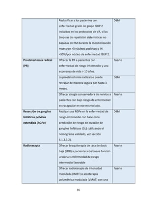 85
Reclasificar a los pacientes con
enfermedad grado de grupo ISUP 2
incluidos en los protocolos de VA, si las
biopsias de repetición sistemáticas no
basadas en RM durante la monitorización
muestran >3 núcleos positivos o IN
>50%/por núcleo de enfermedad ISUP 2.
Débil
Prostatectomía radical
(PR)
Ofrecer la PR a pacientes con
enfermedad de riesgo intermedio y una
esperanza de vida > 10 años.
Fuerte
La prostatectomía radical se puede
retrasar de manera segura por hasta 3
meses.
Débil
Ofrecer cirugía conservadora de nervios a
pacientes con bajo riesgo de enfermedad
extracapsular en ese mismo lado.
Fuerte
Resección de ganglios
linfáticos pélvicos
extendida (RGPe)
Realizar una RGPe en la enfermedad de
riesgo intermedio con base en la
predicción de riesgo de invasión de
ganglios linfáticos (GL) (utilizando el
nomograma validado, ver sección
6.1.2.3.2).
Débil
Radioterapia Ofrecer braquiterapia de tasa de dosis
baja (LDR) a pacientes con buena función
urinaria y enfermedad de riesgo
intermedio favorable
Fuerte
Ofrecer radioterapia de intensidad
modulada (IMRT) o arcoterapia
volumétrica modulada (VMAT) con una
Fuerte
 