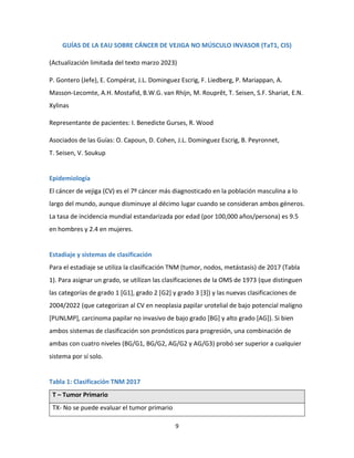 9
GUÍAS DE LA EAU SOBRE CÁNCER DE VEJIGA NO MÚSCULO INVASOR (TaT1, CIS)
(Actualización limitada del texto marzo 2023)
P. Gontero (Jefe), E. Compérat, J.L. Dominguez Escrig, F. Liedberg, P. Mariappan, A.
Masson-Lecomte, A.H. Mostafid, B.W.G. van Rhijn, M. Rouprêt, T. Seisen, S.F. Shariat, E.N.
Xylinas
Representante de pacientes: I. Benedicte Gurses, R. Wood
Asociados de las Guías: O. Capoun, D. Cohen, J.L. Dominguez Escrig, B. Peyronnet,
T. Seisen, V. Soukup
Epidemiología
El cáncer de vejiga (CV) es el 7º cáncer más diagnosticado en la población masculina a lo
largo del mundo, aunque disminuye al décimo lugar cuando se consideran ambos géneros.
La tasa de incidencia mundial estandarizada por edad (por 100,000 años/persona) es 9.5
en hombres y 2.4 en mujeres.
Estadiaje y sistemas de clasificación
Para el estadiaje se utiliza la clasificación TNM (tumor, nodos, metástasis) de 2017 (Tabla
1). Para asignar un grado, se utilizan las clasificaciones de la OMS de 1973 (que distinguen
las categorías de grado 1 [G1], grado 2 [G2] y grado 3 [3]) y las nuevas clasificaciones de
2004/2022 (que categorizan al CV en neoplasia papilar urotelial de bajo potencial maligno
[PUNLMP], carcinoma papilar no invasivo de bajo grado [BG] y alto grado [AG]). Si bien
ambos sistemas de clasificación son pronósticos para progresión, una combinación de
ambas con cuatro niveles (BG/G1, BG/G2, AG/G2 y AG/G3) probó ser superior a cualquier
sistema por sí solo.
Tabla 1: Clasificación TNM 2017
T – Tumor Primario
TX- No se puede evaluar el tumor primario
 