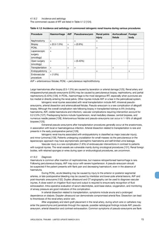 UROLOGICAL TRAUMA - LIMITED UPDATE MARCH 2015	 15
4.1.6.2	 Incidence and aetiology
The commonest causes of IRT are listed in Table 4.1.2 [124].
Table 4.1.2: Incidence and aetiology of commonest iatrogenic renal trauma during various procedures
Procedure Haemorrhage AVF Pseudoaneurysm Renal pelvis
injury
Aortocaliceal
fistula
Foreign
body
Nephrostomy + + +
Biopsy + (0.5-1.5%) + + (0.9%)
PCNL + + +
Laparoscopic
surgery
(oncology)
+
Open surgery
(oncology)
+ + (0.43%) +
Transplantation + + + +
Endopyelotomy + + +
Endovascular
procedure
+ (1.6%)
AVF = arteriovenous fistulae; PCNL = percutaneous nephrolithotomy.
Large haematomas after biopsy (0.5-1.5%) are caused by laceration or arterial damage [125]. Renal artery and
intraparenchymal pseudo-aneurysms (0.9%) may be caused by percutaneous biopsy, nephrostomy, and partial
nephrectomy (0.43%) [126]. In PCNL, haemorrhage is the most dangerous IRT, especially when punctures are
too medial or directly entering the renal pelvis. Other injuries include AVF or a tear in the pelvicaliceal system.
	 Iatrogenic renal injuries associated with renal transplantation include AVF, intrarenal pseudo-
aneurysms, arterial dissection and arteriocaliceal fistulas. Pseudo-aneurysm is a rare complication of allograft
biopsy. Although the overall complication rate following biopsy in transplanted kidneys is 9% (including
haematoma, AVF, visible haematuria and infection), vascular complications requiring intervention account for
0.2-2.0% [127]. Predisposing factors include hypertension, renal medullary disease, central biopsies, and
numerous needle passes [128]. Arteriovenous fistulae and pseudo-aneurysms can occur in 1-18% of allograft
biopsies [125].
	 Extrarenal pseudo-aneurysms after transplantation procedures generally occur at the anastomosis,
in association with local or haematogenous infection. Arterial dissection related to transplantation is rare and
presents in the early postoperative period [129].
	 Iatrogenic renal trauma associated with endopyelotomy is classified as major (vascular injury),
and minor (urinoma) [130]. Patients undergoing cryoablation for small masses via the percutaneous or the
laparoscopic approach may have asymptomatic perinephric haematoma and self-limited urine leakage.
	 Vascular injury is a rare complication (1.6%) of endovascular interventions in contrast to patients
with surgical injuries. The renal vessels are vulnerable mainly during oncological procedures [131]. Renal foreign
bodies, with retained sponges or wires during open or endourological procedures, are uncommon.
4.1.6.3	 Diagnosis
Haematuria is common after insertion of nephrostomies, but massive retroperitoneal haemorrhage is rare.
Following percutaneous biopsy, AVF may occur with severe hypertension. A pseudo-aneurysm should
be suspected if the patient presents with flank pain and decreasing haematocrit, even in the absence of
haematuria.
	 During PCNL, acute bleeding may be caused by injury to the anterior or posterior segmental
arteries, or late postoperative bleeding may be caused by interlobar and lower-pole arterial lesions, AVF and
post-traumatic aneurysms [132]. Duplex ultrasound and CT angiography can be used to diagnose vascular
injuries. A close watch on irrigation fluid input and output is required to ensure early recognition of fluid
extravasation. Intra-operative evaluation of serum electrolytes, acid-base status, oxygenation, and monitoring
of airway pressure are good indicators of this complication.
	 In arterial dissection related to transplantation, symptoms include anuria and a prolonged
dependence on dialysis. Doppler ultrasound can demonstrate compromised arterial flow. Dissection can lead
to thrombosis of the renal artery and/or vein.
	 After angioplasty and stent-graft placement in the renal artery, during which wire or catheters may
enter the parenchyma and penetrate through the capsule, possible radiological findings include AVF, pseudo-
aneurysm, arterial dissection and contrast extravasation. Common symptoms of pseudo-aneurysms are flank
 