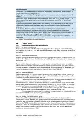UROLOGICAL TRAUMA - LIMITED UPDATE MARCH 2015	 27
Recommendations GR
Cystography is the preferred diagnostic modality for non-iatrogenic bladder injuries, and in suspected,
iatrogenic, post-operative, bladder injuries.
B
Cystography (conventional or CT imaging) is required in the presence of visible haematuria and pelvic
fracture.
B
Cystography should be performed with filling of the bladder with at least 350 mL of dilute contrast.
Passive bladder filling by clamping the catheter during the excretory phase of CT or IVP is insufficient
for diagnosis.
B
Cystoscopy is recommended after suburethral sling operations via the retropubic route and after major
gynaecological operations. It is optional after any other type of sling procedure or transvaginal mesh
procedure.
B
In the absence of bladder neck involvement and/or associated injuries that require surgical
intervention, extraperitoneal bladder ruptures caused by blunt trauma are managed conservatively.
B
Intraperitoneal bladder ruptures by blunt trauma, and any type of bladder injury by penetrating trauma,
must be managed by emergency surgical exploration and repair.
B
Conservative management is an option for small, uncomplicated, iatrogenic intraperitoneal bladder
perforations.
C
GR= grade of recommendation; LE = level of evidence.
4.4 	 Urethral Trauma
4.4.1 	 Epidemiology, aetiology and pathophysiology
4.4.1.1 	 Iatrogenic urethral trauma
The most common type of urethral trauma seen in urological practice is iatrogenic, due to catheterisation,
instrumentation, or surgery [221, 222]. New treatment methods and applied energy sources can also injure the
urethra [223].
4.4.1.1.1 	 Transurethral catheterisation
Iatrogenic urethral trauma usually results from improper or prolonged catheterisation and accounts for 32% of
strictures. Most of these strictures affect the bulbar urethra [223, 224], while the bladder neck is rarely affected
in such cases [225].
The size and type of catheter used have an important impact on urethral stricture formation. Current data
indicate that silicone catheters and small-calibre Foley catheters are associated with less urethral morbidity
[226] (see Figure 4.4.3). Implementing training programmes may significantly decrease the incidence of such
injuries, increase patients’ safety and reduce the negative long-term effects [222, 227].
4.4.1.1.2 	 Transurethral surgery
Transurethral procedures are a common cause of iatrogenic urethral trauma. Factors that may influence the
development of iatrogenic endoscopic urethral strictures include electrical dispersion generated by unipolar
current and the diameter of the instruments used [228].
	 Predisposing factors most strongly associated with stricture formation in patients undergoing TURP
are increased prostate volume, prostate cancer and the surgeon’s experience [229].
Meatal strictures occur as a result of a mismatch between the size of the instrument and the diameter of the
urethral meatus. Bulbar strictures occur due to insufficient insulation by the lubricant, causing the monopolar
current to leak. To prevent strictures, lubricant gel should be applied carefully in the urethra.
	 The lubricant must be reapplied when the resection time is prolonged [230]. Internal urethrotomy
must be performed before TURP if there are pre-existing meatal or urethral strictures [230].
	 There appears to be no relationship with the duration of the procedure or the method used (holmium
laser or traditional TURP) on the rate of stricture formation [231].
4.4.1.1.3	 Surgical treatment for prostate cancer
Urethral stricture following prostate cancer treatment can occur anywhere from the bladder neck to the
urethral meatus. The rate of bladder neck constriction after radical prostatectomy varies with the definition of
the stricture used and individual practice [232, 233]. The Cancer of the Prostate Strategic Urologic Research
Endeavour (CaPSURE) database shows an incidence of urethral stricture after various forms of prostate cancer
therapy of 1.1-8.4%. The risk is greatest after radical prostatectomy if combined with external-beam radiation
therapy. In a multivariate analysis, primary treatment type, age, and obesity were found to be significant
predictors for stricture development [232].
 