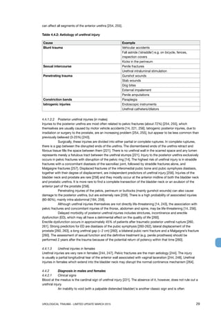 UROLOGICAL TRAUMA - LIMITED UPDATE MARCH 2015	 29
can affect all segments of the anterior urethra [254, 255].
Table 4.4.2: Aetiology of urethral injury
Cause Example
Blunt trauma Vehicular accidents
Fall astride (‘straddle’) e.g. on bicycle, fences,
inspection covers
Kicks in the perineum
Sexual intercourse Penile fractures
Urethral intraluminal stimulation
Penetrating trauma Gunshot wounds
Stab wounds
Dog bites
External impalement
Penile amputations
Constriction bands Paraplegia
Iatrogenic injuries Endoscopic instruments
Urethral catheters/dilators
4.4.1.2.2 	 Posterior urethral injuries (in males)
Injuries to the posterior urethra are most often related to pelvic fractures (about 72%) [254, 255], which
themselves are usually caused by motor vehicle accidents [14, 221, 256]. Iatrogenic posterior injuries, due to
irradiation or surgery to the prostate, are an increasing problem [254, 255], but appear to be less common than
previously believed (3-25%) [243].
	 Surgically, these injuries are divided into either partial or complete ruptures. In complete ruptures,
there is a gap between the disrupted ends of the urethra. The dismembered ends of the urethra retract and
fibrous tissue fills the space between them [221]. There is no urethral wall in the scarred space and any lumen
represents merely a fistulous tract between the urethral stumps [221]. Injury to the posterior urethra exclusively
occurs in pelvic fractures with disruption of the pelvic ring [14]. The highest risk of urethral injury is in straddle
fractures with a concomitant diastasis of the sacroiliac joint, followed by straddle fractures alone, and
Malgaigne fractures [257]. Displaced fractures of the inferomedial pubic bone and pubic symphysis diastasis,
together with their degree of displacement, are independent predictors of urethral injury [256]. Injuries of the
bladder neck and prostate are rare [258] and they mostly occur at the anterior midline of both the bladder neck
and prostatic urethra. It is more rare to find a complete transection of the bladder neck or an avulsion of the
anterior part of the prostate [258].
	 Penetrating injuries of the pelvis, perineum or buttocks (mainly gunshot wounds) can also cause
damage to the posterior urethra, but are extremely rare [259]. There is a high probability of associated injuries
(80-90%), mainly intra-abdominal [184, 259].
	 Although urethral injuries themselves are not directly life-threatening [14, 243], the association with
pelvic fractures and concomitant injuries of the thorax, abdomen and spine, may be life-threatening [14, 256].
	 Delayed morbidity of posterior urethral injuries includes strictures, incontinence and erectile
dysfunction (ED), which may all have a detrimental effect on the quality of life [260].
Erectile dysfunction occurs in approximately 45% of patients after traumatic posterior urethral rupture [260,
261]. Strong predictors for ED are diastasis of the pubic symphysis [260-262], lateral displacement of the
prostate [260, 263], a long urethral gap ( 2 cm) [260], a bilateral pubic rami fracture and a Malgaigne’s fracture
[260]. The assessment of sexual function and the definitive treatment (e.g. penile prosthesis) should be
performed 2 years after the trauma because of the potential return of potency within that time [260].
4.4.1.3 	 Urethral injuries in females
Urethral injuries are very rare in females [244, 247]. Pelvic fractures are the main aetiology [244]. The injury
is usually a partial longitudinal tear of the anterior wall associated with vaginal laceration [244, 248]. Urethral
injuries in females which extend into the bladder neck may disrupt the normal continence mechanism [264].
4.4.2 	 Diagnosis in males and females
4.4.2.1	 Clinical signs
Blood at the meatus is the cardinal sign of urethral injury [221]. The absence of it, however, does not rule out a
urethral injury.
	 An inability to void (with a palpable distended bladder) is another classic sign and is often
 