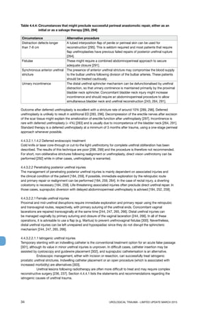 34	 UROLOGICAL TRAUMA - LIMITED UPDATE MARCH 2015
Table 4.4.4: Circumstances that might preclude successful perineal anastomotic repair, either as an
initial or as a salvage therapy [293, 294]
Circumstance Alternative procedure
Distraction defects longer
than 7-8 cm
A tubed interposition flap of penile or perineal skin can be used for
reconstruction [295]. This is seldom required and most patients that require
flap urethroplasties have previous failed repairs of posterior urethral rupture
[264].
Fistulae These might require a combined abdominoperineal approach to secure
adequate closure [291].
Synchronous anterior urethral
stricture
The presence of anterior urethral stricture may compromise the blood supply
to the bulbar urethra following division of the bulbar arteries. These patients
should be treated cautiously.
Urinary incontinence The distal urethral sphincter mechanism can be defunctionalised by urethral
distraction, so that urinary continence is maintained primarily by the proximal
bladder neck sphincter. Concomitant bladder neck injury might increase
incontinence and should require an abdominoperineal procedure to allow
simultaneous bladder neck and urethral reconstruction [243, 264, 291].
Outcome after deferred urethroplasty is excellent with a stricture rate of around 10% [289, 296]. Deferred
urethroplasty is unlikely to result in additional ED [283, 296]. Decompression of the erectile nerves after excision
of the scar tissue might explain the amelioration of erectile function after urethroplasty [297]. Incontinence is
rare with deferred urethroplasty ( 4%) [283] and is usually due to incompetence of the bladder neck [264, 291].
Standard therapy is a deferred urethroplasty at a minimum of 3 months after trauma, using a one-stage perineal
approach whenever possible.
4.4.3.2.1.1.4.2 Deferred endoscopic treatment
Cold knife or laser core-through or cut-to-the light urethrotomy for complete urethral obliteration has been
described. The results of this technique are poor [298, 299] and the procedure is therefore not recommended.
For short, non-obliterative strictures following realignment or urethroplasty, direct vision urethrotomy can be
performed [292] while in other cases, urethroplasty is warranted.
4.4.3.2.2 Penetrating posterior urethral injuries
The management of penetrating posterior urethral injuries is mainly dependent on associated injuries and
the clinical condition of the patient [184, 259]. If possible, immediate exploration by the retropubic route
and primary repair or realignment can be performed [184, 259, 264]. In the case of rectal injury, a diverting
colostomy is necessary [184, 259]. Life-threatening associated injuries often preclude direct urethral repair. In
those cases, suprapubic diversion with delayed abdominoperineal urethroplasty is advised [184, 252, 259].
4.4.3.2.2.1	Female urethral injuries
Proximal and mid-urethral disruptions require immediate exploration and primary repair using the retropubic
and transvaginal routes, respectively, with primary suturing of the urethral ends. Concomitant vaginal
lacerations are repaired transvaginally at the same time [244, 247, 265, 266]. Distal urethral injuries can
be managed vaginally by primary suturing and closure of the vaginal laceration [244, 266]. In all of these
operations, it is advisable to use a flap (e.g. Martius) to prevent urethrovaginal fistulas [300]. Nevertheless,
distal urethral injuries can be left unrepaired and hypospadiac since they do not disrupt the sphincteric
mechanism [244, 247, 265, 266].
4.4.3.2.2.1.1 Iatrogenic urethral injuries
Temporary stenting with an indwelling catheter is the conventional treatment option for an acute false passage
[301], although its value in minor urethral injuries is unproven. In difficult cases, catheter insertion may be
assisted by cystoscopy and guidewire placement [302], and suprapubic catheterisation is an alternative.
	 Endoscopic management, either with incision or resection, can successfully treat iatrogenic
prostatic urethral strictures. Indwelling catheter placement or an open procedure (which is associated with
increased morbidity) are alternatives [303].
	 Urethral lesions following radiotherapy are often more difficult to treat and may require complex
reconstructive surgery [236, 237]. Section 4.4.4.1 lists the statements and recommendations regarding the
iatrogenic causes of urethral trauma.
 