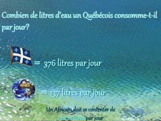 Combien de litres d’eau un Québécois consomme-t-il
par jour?
= 137 litres par jour
= 376 litres par jour
Un Africain doit se contenter de
10 à 20 litres par jour
 