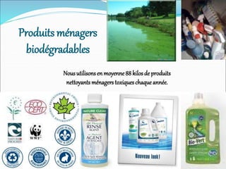 Nous utilisons en moyenne 88 kilos de produits
nettoyants ménagers toxiqueschaque année.
Produits ménagers
biodégradables
 