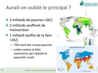 Aurait-on oublié le principal ?
3 milliards de pauvres <2€/j
2 milliards souffrent de
malnutrition
1 milliard souffre de la faim
<1€/j
– 75% sont des ruraux pauvres
– Lutter contre la faim
commence par réduire la
pauvreté rurale
20
 