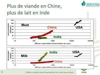 Plus de viande en Chine,
plus de lait en Inde
0
20
40
60
80
100
120
10 100 1000 10000 100000
GDP per capita (2000 constant dollars per year)
meatconsumption
(kg/cap/yr)
Meat
China
India
0
20
40
60
80
100
120
10 100 1000 10000 100000
GDP per capita (2000 constant dollars per year)
milkconsumption
(kg/cap/yr)
Milk
China
India USA
USA
25
 