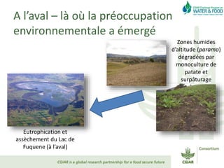 A l’aval – là où la préoccupation
environnementale a émergé
Eutrophication et
assèchement du Lac de
Fuquene (à l’aval)
Zones humides
d’altitude (paramo)
dégradées par
monoculture de
patate et
surpâturage
 