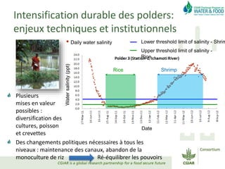 Intensification durable des polders:
enjeux techniques et institutionnels
Plusieurs
mises en valeur
possibles :
diversification des
cultures, poisson
et crevettes
Des changements politiques nécessaires à tous les
niveaux : maintenance des canaux, abandon de la
monoculture de riz Ré-équilibrer les pouvoirs
Rice Shrimp
Upper threshold limit of salinity -
Rice
Date
Watersalinity(ppt)
Lower threshold limit of salinity - ShrimDaily water salinity
 