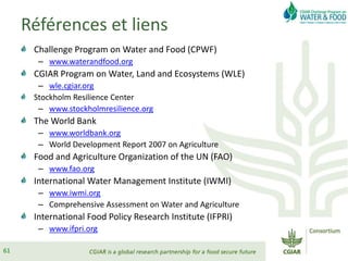 Références et liens
Challenge Program on Water and Food (CPWF)
– www.waterandfood.org
CGIAR Program on Water, Land and Ecosystems (WLE)
– wle.cgiar.org
Stockholm Resilience Center
– www.stockholmresilience.org
The World Bank
– www.worldbank.org
– World Development Report 2007 on Agriculture
Food and Agriculture Organization of the UN (FAO)
– www.fao.org
International Water Management Institute (IWMI)
– www.iwmi.org
– Comprehensive Assessment on Water and Agriculture
International Food Policy Research Institute (IFPRI)
– www.ifpri.org
61
 
