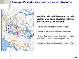 Zonage d'assainissement des eaux pluviales




                     Modalité d'assainissement et de
                     gestion des eaux pluviales retenue
                     pour la zone à urbaniser 1 :

                     - limiter l’imperméabilisation des sols
1
                     - limiter le débit d’écoulement des eaux
       a
                     - limiter les impacts sur l’exutoire naturel
                     constitué du cours d’eau en point bas

                     - limiter les risques d'inondation en aval(a)




                                                                11/28
 
