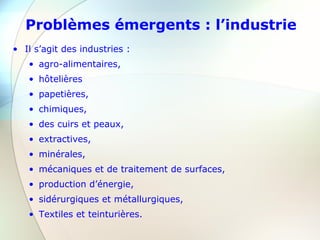 Problèmes émergents : l’industrie
• Il s’agit des industries :
• agro-alimentaires,
• hôtelières
• papetières,
• chimiques,
• des cuirs et peaux,
• extractives,
• minérales,
• mécaniques et de traitement de surfaces,
• production d’énergie,
• sidérurgiques et métallurgiques,
• Textiles et teinturières.
 